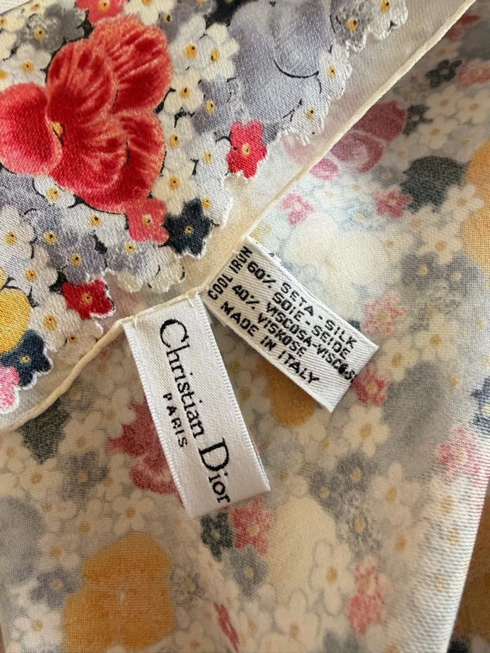 Christian Dior Sheer Silk Floral Scarf w/ Appliqué Border